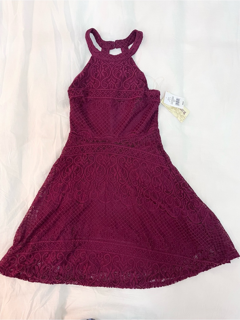 NWT Rewind Red Burgundy Halter Lace Fit & Flare Sleeveless Mini Dress Size Small